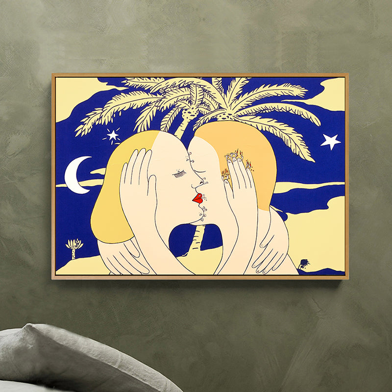 Gele Nordic Style Art Print knuffelen paar canvas voor badkamer, meerdere maten