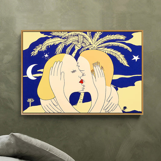 Gele Nordic Style Art Print knuffelen paar canvas voor badkamer, meerdere maten
