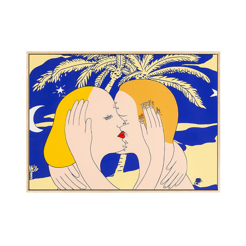 Yellow Nordic Style Art Print Hugging Couple Canvas for Bathroom, Multiple Sizes