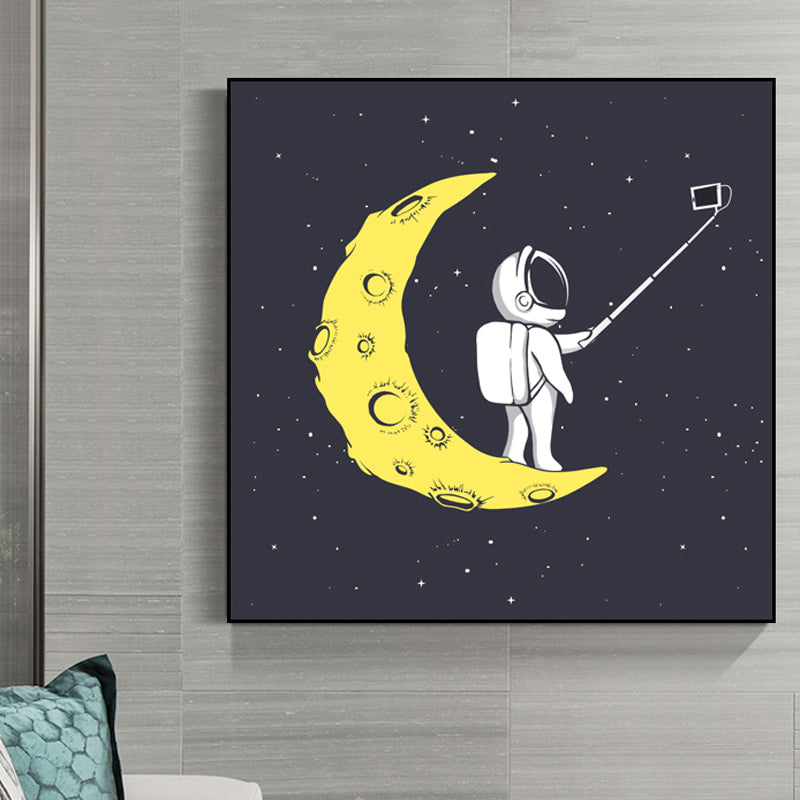 Sci-Fi Cosmos Spaceman Wall Art Print Canvas Textured Dark Color Wall Decor for Bedroom Yellow Clearhalo 'Art Gallery' 'Canvas Art' 'Kids' Arts' 1764162