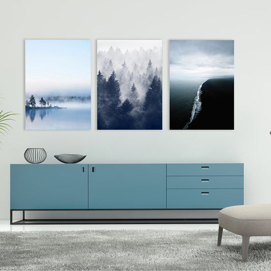 Canvas Textured Art Print Modern Forest Landscape Painting, Multiple Sizes, Set of Three Blue Clearhalo 'Art Gallery' 'Canvas Art' 'Contemporary Art Gallery' 'Modern' Arts' 1764190