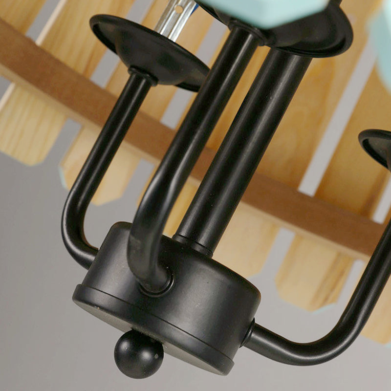 12.5"/16.5" Wide Slatted Chandelier Light Fixture Modern Wooden 3 Lights Blue/Green/Wood Hanging Pendant for Dining Room Clearhalo 'Ceiling Lights' 'Chandeliers' Lighting' options 176454