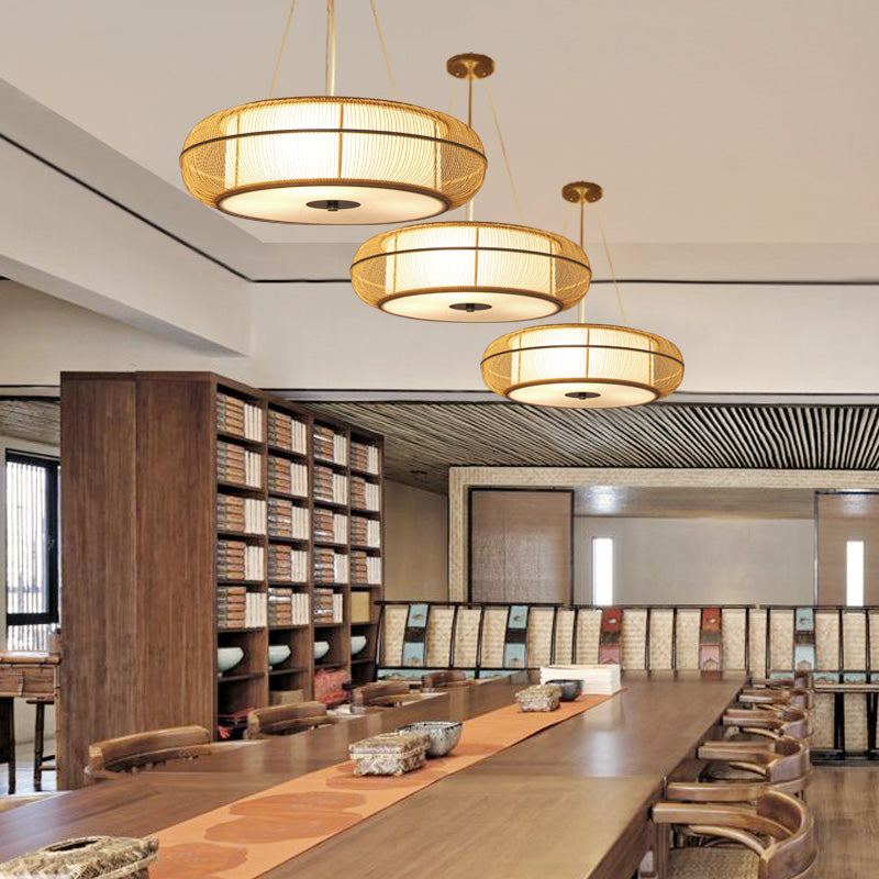 Modern Stylish Drum Shade Hanging Pendant Light Bamboo 3-Head Dining Room Ceiling Light in Black/Wood Clearhalo 'Ceiling Lights' 'Modern Pendants' 'Modern' 'Pendant Lights' 'Pendants' Lighting' 176457