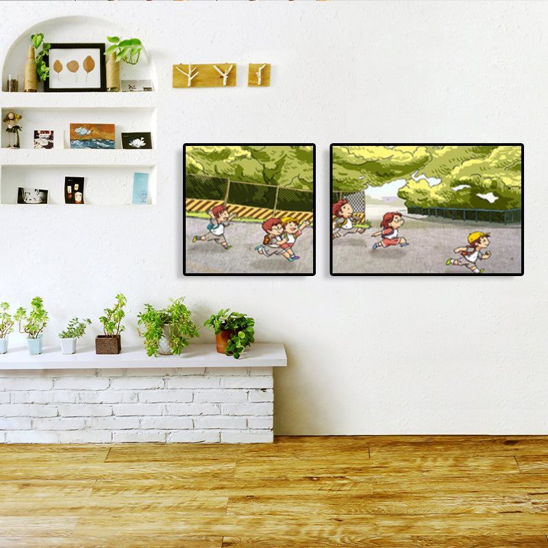 Painting Outings Canvas Print Cartoon Multi-Piece Wall Art in Soft Color for Kids Room Green Clearhalo 'Art Gallery' 'Canvas Art' 'Kids' Arts' 1764602