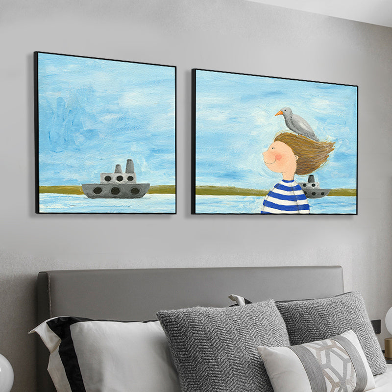 Painting Outings Canvas Print Cartoon Multi-Piece Wall Art in Soft Color for Kids Room Lake Blue Clearhalo 'Art Gallery' 'Canvas Art' 'Kids' Arts' 1764606