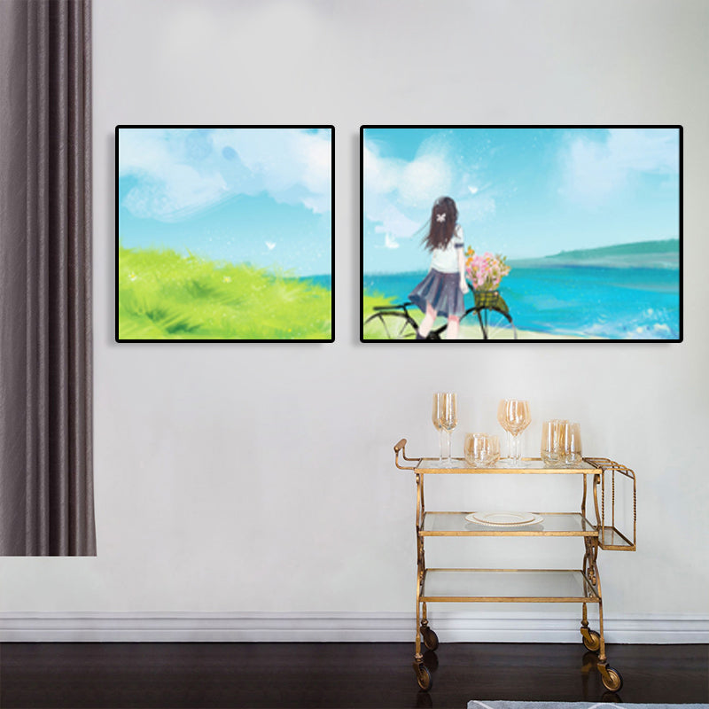 Painting Outings Canvas Print Cartoon Multi-Piece Wall Art in Soft Color for Kids Room Sky Blue Clearhalo 'Art Gallery' 'Canvas Art' 'Kids' Arts' 1764610