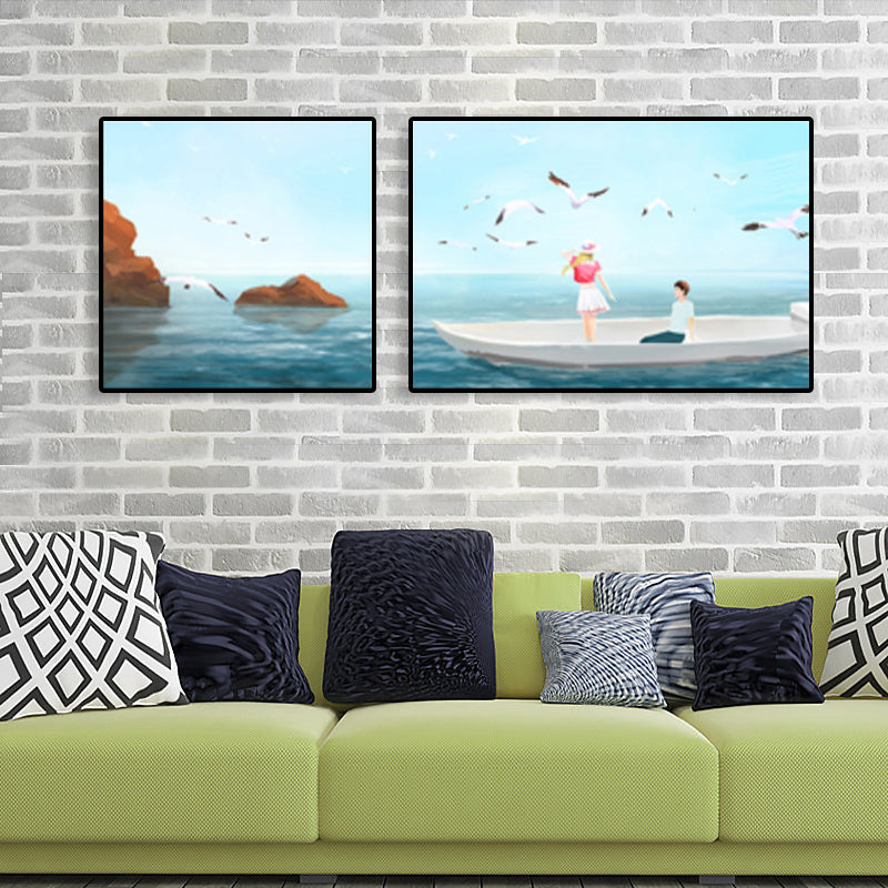 Painting Outings Canvas Print Cartoon Multi-Piece Wall Art in Soft Color for Kids Room Blue Clearhalo 'Art Gallery' 'Canvas Art' 'Kids' Arts' 1764614