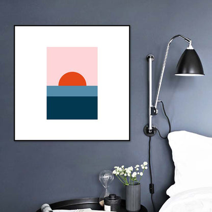 Minimalist Ocean Sunrise Drawing Art Print Canvas Textured Blue Wall Decor for Bedroom Blue Clearhalo 'Art Gallery' 'Canvas Art' 'Kids' Arts' 1764636
