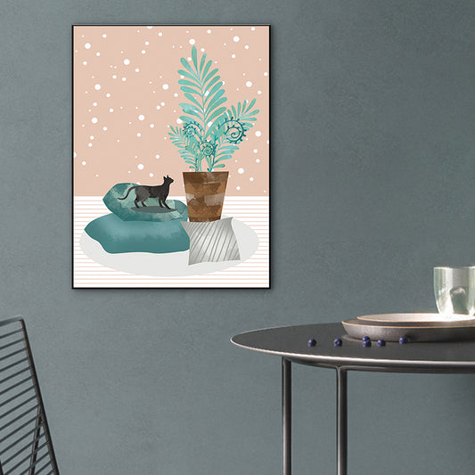 Potting and Cat Canvas Print Textured Scandinavian Bedroom Wall Art in Soft Color Green
