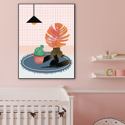 Potting and Cat Canvas Print Textured Scandinavian Bedroom Wall Art in Soft Color Orange Clearhalo 'Arts' 'Canvas Art' 1764660