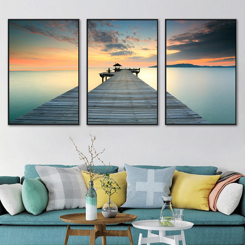 Seaside Bridge Scene Art Print Modern Canvas Multi-Piece Painting in Soft Color, Set of Three Brown Clearhalo 'Art Gallery' 'Canvas Art' 'Contemporary Art Gallery' 'Modern' Arts' 1764719