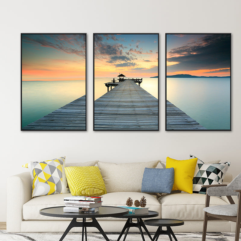 Seaside Bridge Scene Art Print Modern Canvas Multi-Piece Painting in Soft Color, Set of Three Clearhalo 'Art Gallery' 'Canvas Art' 'Contemporary Art Gallery' 'Modern' Arts' 1764721