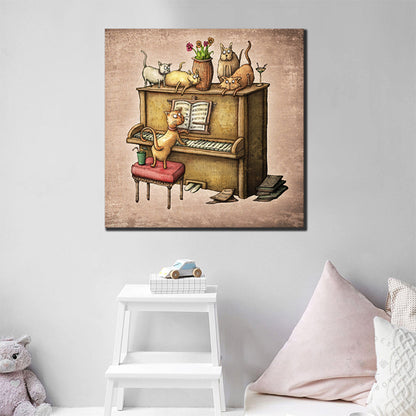 Cats and Piano Wall Decor Contemporary Art Style Canvas Textured Painting in Brown Brown Clearhalo 'Arts' 'Canvas Art' 1764785