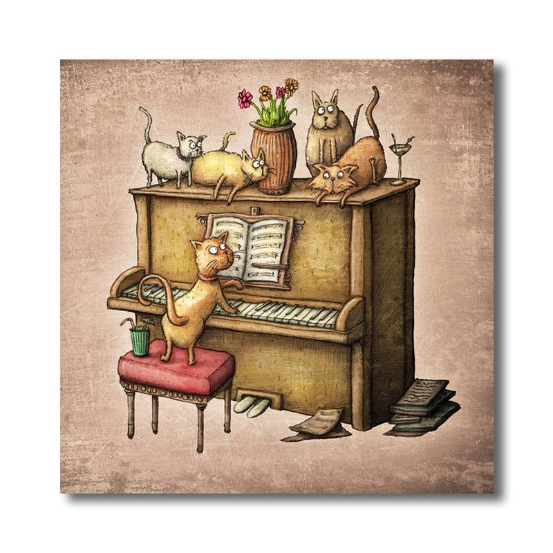 Cats and Piano Wall Decor Contemporary Art Style Canvas Textured Painting in Brown Clearhalo 'Arts' 'Canvas Art' 1764788