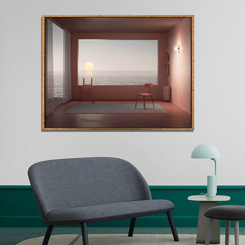 Minimalism Canvas Print Dark Color Mixed Media Empty Room with Sea View Wall Art for Home Pink Clearhalo 'Art Gallery' 'Canvas Art' 'Contemporary Art Gallery' 'Contemporary Art' 'Minimalism' 'Minimalist Art Gallery' 'Scandinavian' Arts' 1764856