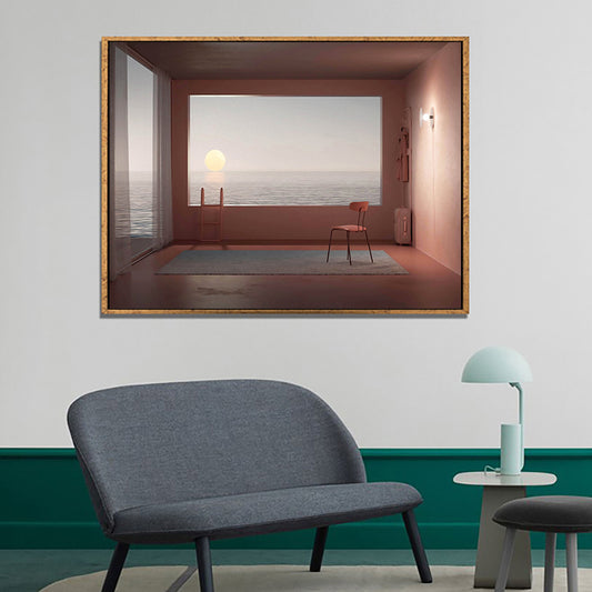 Minimalism Canvas Print Dark Color Mixed Media Empty Room with Sea View Wall Art for Home Pink