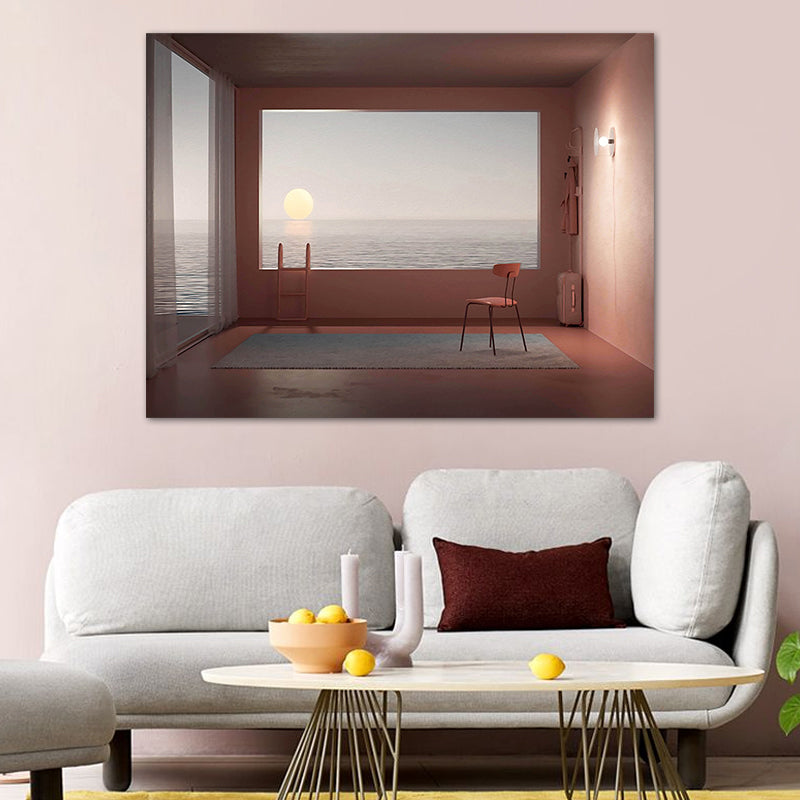 Minimalism Canvas Print Dark Color Mixed Media Empty Room with Sea View Wall Art for Home Clearhalo 'Art Gallery' 'Canvas Art' 'Contemporary Art Gallery' 'Contemporary Art' 'Minimalism' 'Minimalist Art Gallery' 'Scandinavian' Arts' 1764857