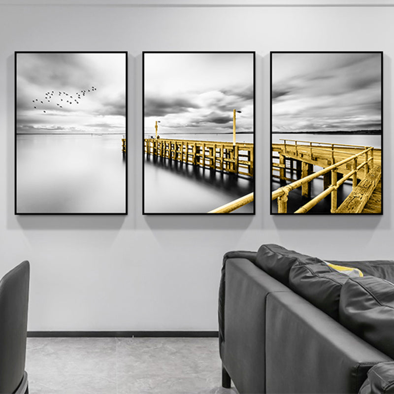 Photography Sea Bridge Wall Art Grey and Gold Modernism Canvas Print for Dining Room Grey Clearhalo 'Art Gallery' 'Canvas Art' 'Contemporary Art Gallery' 'Modern' Arts' 1765097