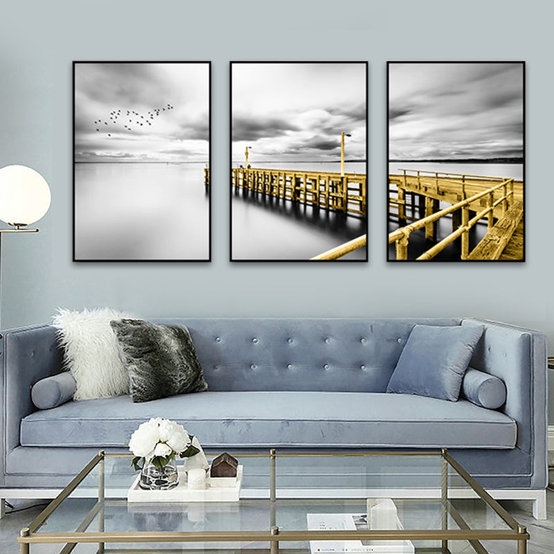 Photography Sea Bridge Wall Art Grey and Gold Modernism Canvas Print for Dining Room Clearhalo 'Art Gallery' 'Canvas Art' 'Contemporary Art Gallery' 'Modern' Arts' 1765098