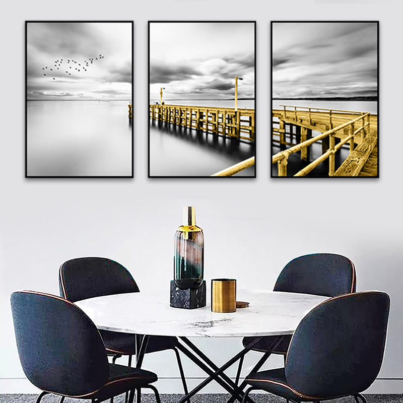 Photography Sea Bridge Wall Art Grey and Gold Modernism Canvas Print for Dining Room Clearhalo 'Art Gallery' 'Canvas Art' 'Contemporary Art Gallery' 'Modern' Arts' 1765099