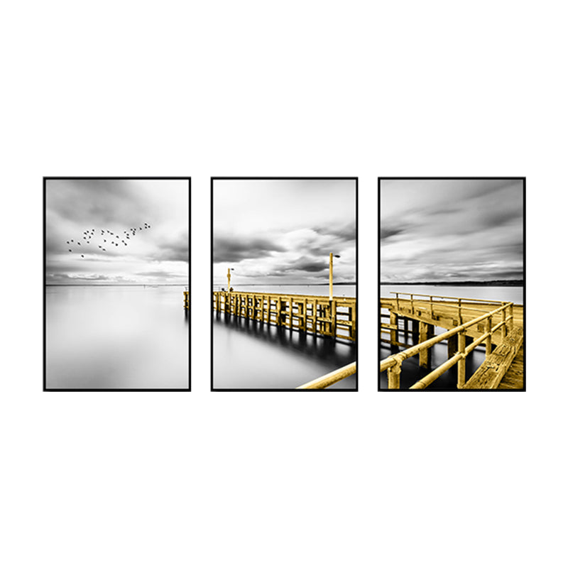 Photography Sea Bridge Wall Art Grey and Gold Modernism Canvas Print for Dining Room Clearhalo 'Art Gallery' 'Canvas Art' 'Contemporary Art Gallery' 'Modern' Arts' 1765100