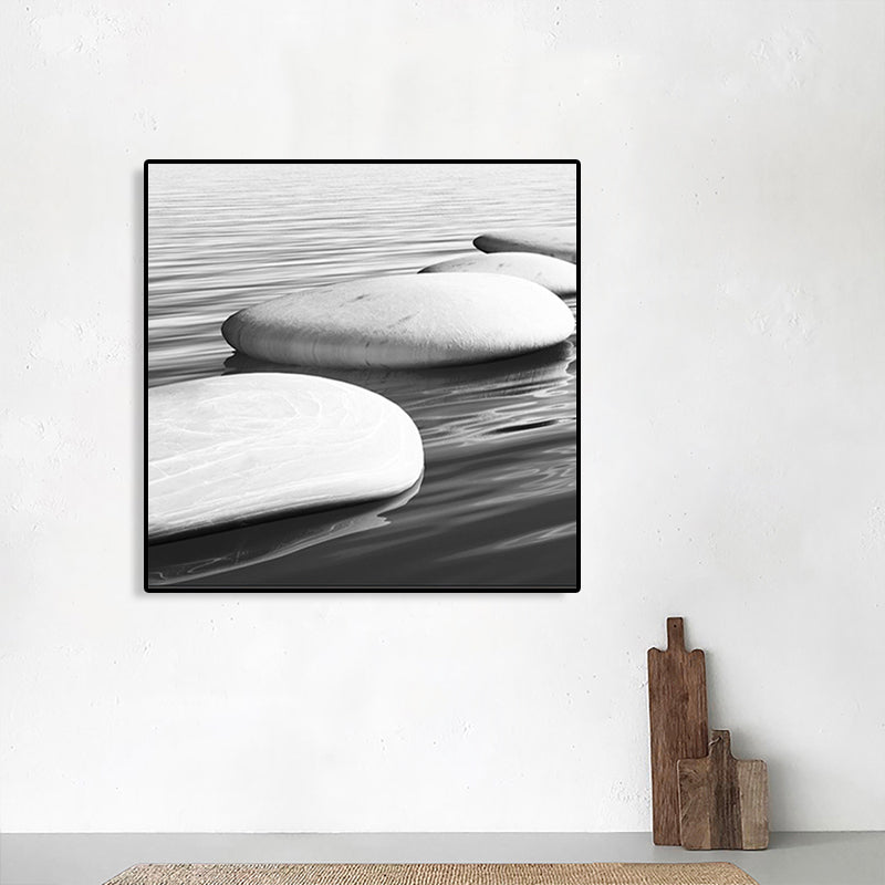 Seaside Oval Stone Scene Painting Light Color Modern Wrapped Canvas for Living Room Grey Clearhalo 'Art Gallery' 'Canvas Art' 'Contemporary Art Gallery' 'Modern' Arts' 1765157