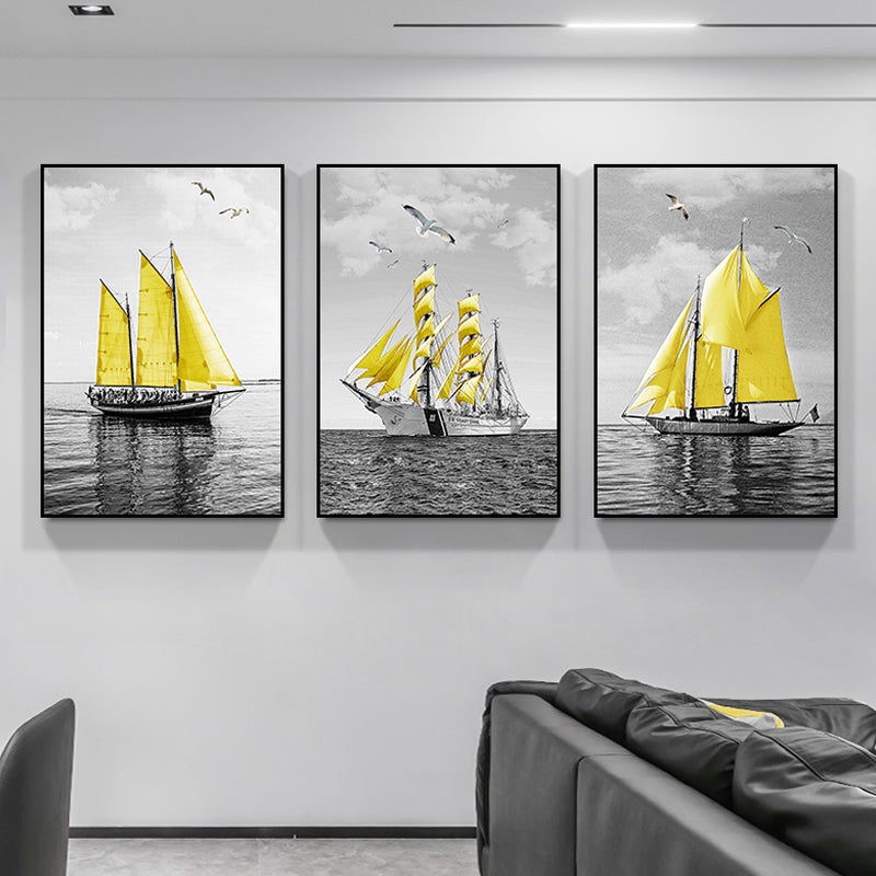 Sea Sailing Ships Wall Art Living Room Scenery Canvas Print in Yellow-Grey, Set of 3 Yellow Clearhalo 'Art Gallery' 'Canvas Art' 'Contemporary Art Gallery' 'Modern' Arts' 1765253