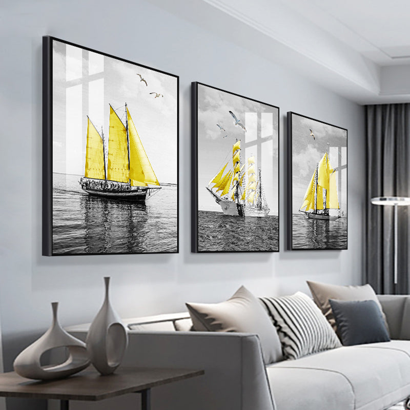 Sea Sailing Ships Wall Art Living Room Scenery Canvas Print in Yellow-Grey, Set of 3 Clearhalo 'Art Gallery' 'Canvas Art' 'Contemporary Art Gallery' 'Modern' Arts' 1765254