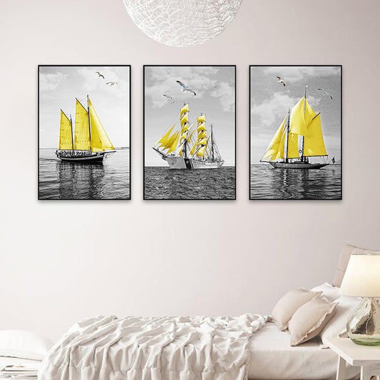 Sea Sailing Ships Wall Art Living Room Scenery Canvas Print in Yellow-Grey, Set of 3 Clearhalo 'Art Gallery' 'Canvas Art' 'Contemporary Art Gallery' 'Modern' Arts' 1765255
