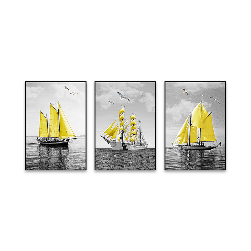 Sea Sailing Ships Wall Art Living Room Scenery Canvas Print in Yellow-Grey, Set of 3 Clearhalo 'Art Gallery' 'Canvas Art' 'Contemporary Art Gallery' 'Modern' Arts' 1765256