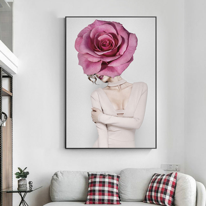 Photography Flower Girl Canvas Print Soft Color Modern Style Painting for Living Room Pink Clearhalo 'Art Gallery' 'Canvas Art' 'Contemporary Art Gallery' 'Modern' Arts' 1765282