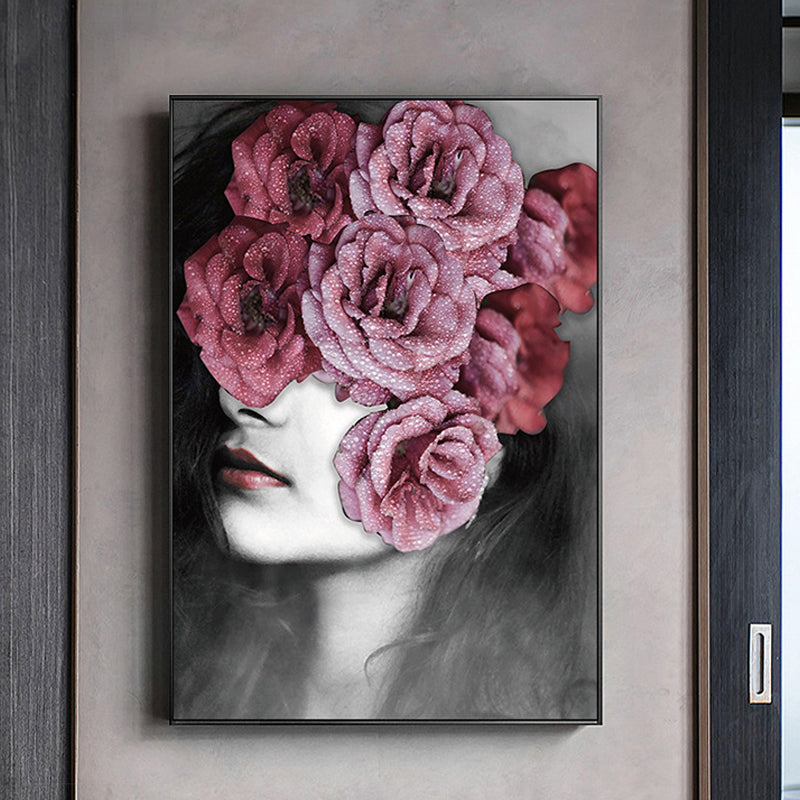 Photography Flower Girl Canvas Print Soft Color Modern Style Painting for Living Room Grey Clearhalo 'Art Gallery' 'Canvas Art' 'Contemporary Art Gallery' 'Modern' Arts' 1765289