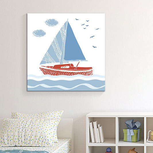 Cartoon Sailboat Wall Art Print Boys Bedroom Canvas in Blue, Multiple Sizes Available Blue Clearhalo 'Art Gallery' 'Canvas Art' 'Kids' Arts' 1765300