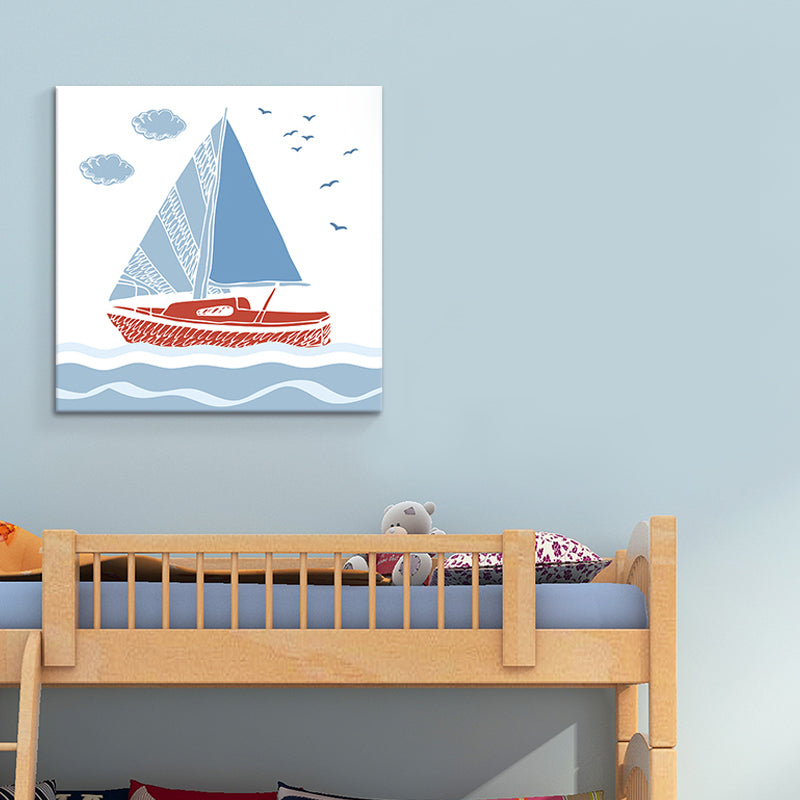 Cartoon Sailboat Wall Art Print Boys Bedroom Canvas in Blue, Multiple Sizes Available Clearhalo 'Art Gallery' 'Canvas Art' 'Kids' Arts' 1765301