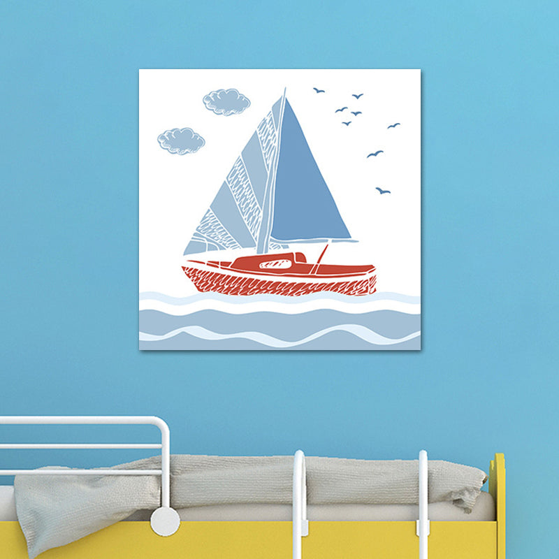 Cartoon Sailboat Wall Art Print Boys Bedroom Canvas in Blue, Multiple Sizes Available Clearhalo 'Art Gallery' 'Canvas Art' 'Kids' Arts' 1765302