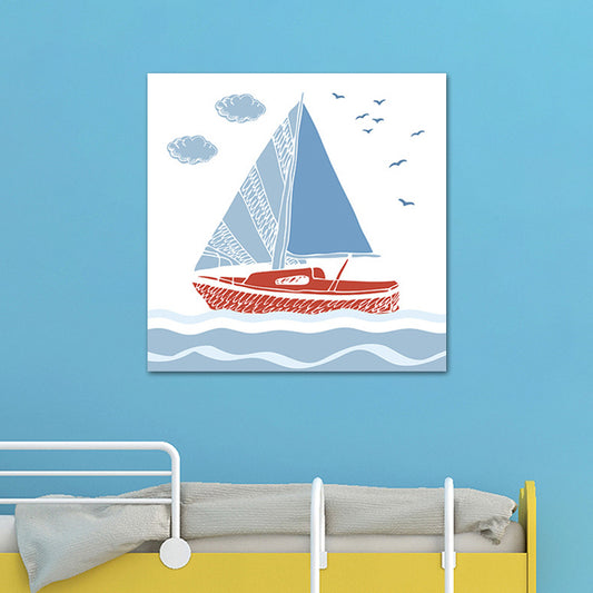Cartoon Sailboat Wall Art Print Boys Bedroom Canvas in Blue, Multiple Sizes Available Clearhalo 'Art Gallery' 'Canvas Art' 'Kids' Arts' 1765302