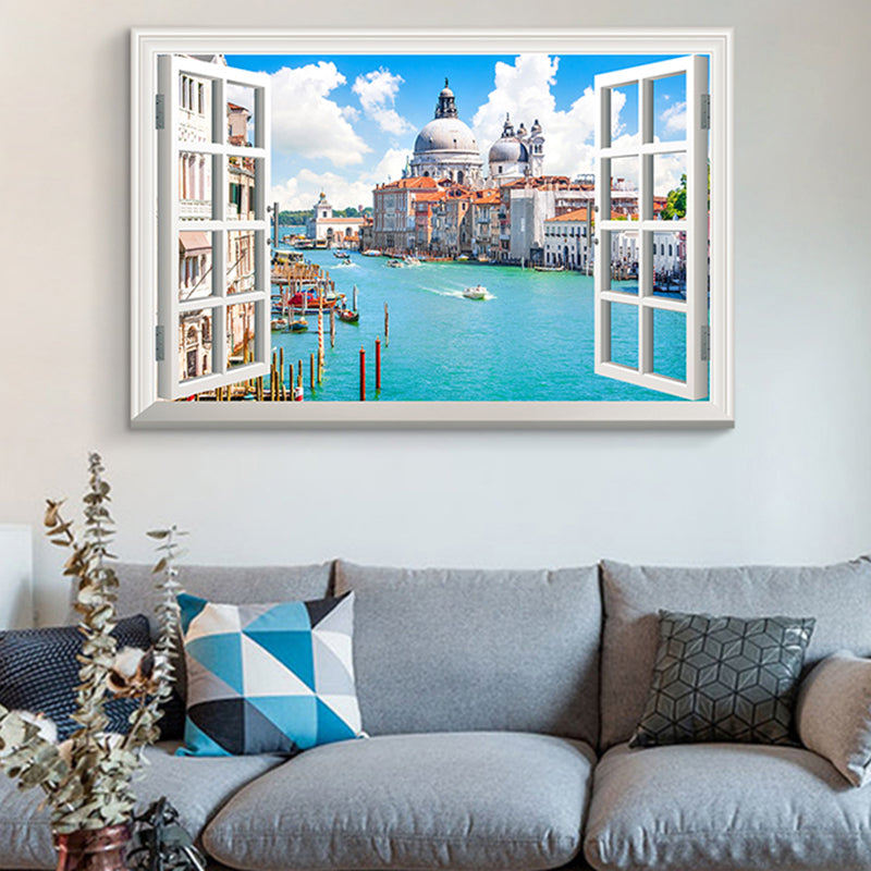 Modern Wall Art Print Blue Watery City Landscape Painting, Multiple Sizes Options Blue Clearhalo 'Art Gallery' 'Canvas Art' 'Contemporary Art Gallery' 'Modern' Arts' 1765364