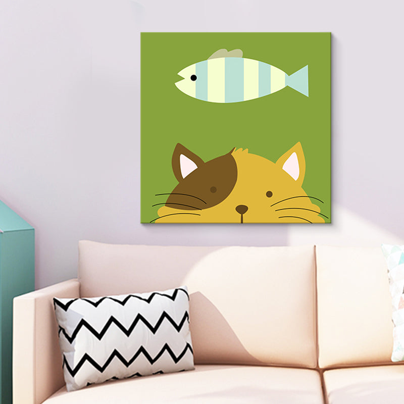 Soft Color Cartoon Canvas Print Illustration Animal and Food Wall Art for Nursery Green Clearhalo 'Art Gallery' 'Canvas Art' 'Kids' Arts' 1765436