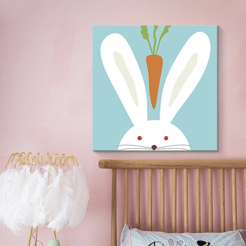 Soft Color Cartoon Canvas Print Illustration Animal and Food Wall Art for Nursery Light Blue Clearhalo 'Art Gallery' 'Canvas Art' 'Kids' Arts' 1765440