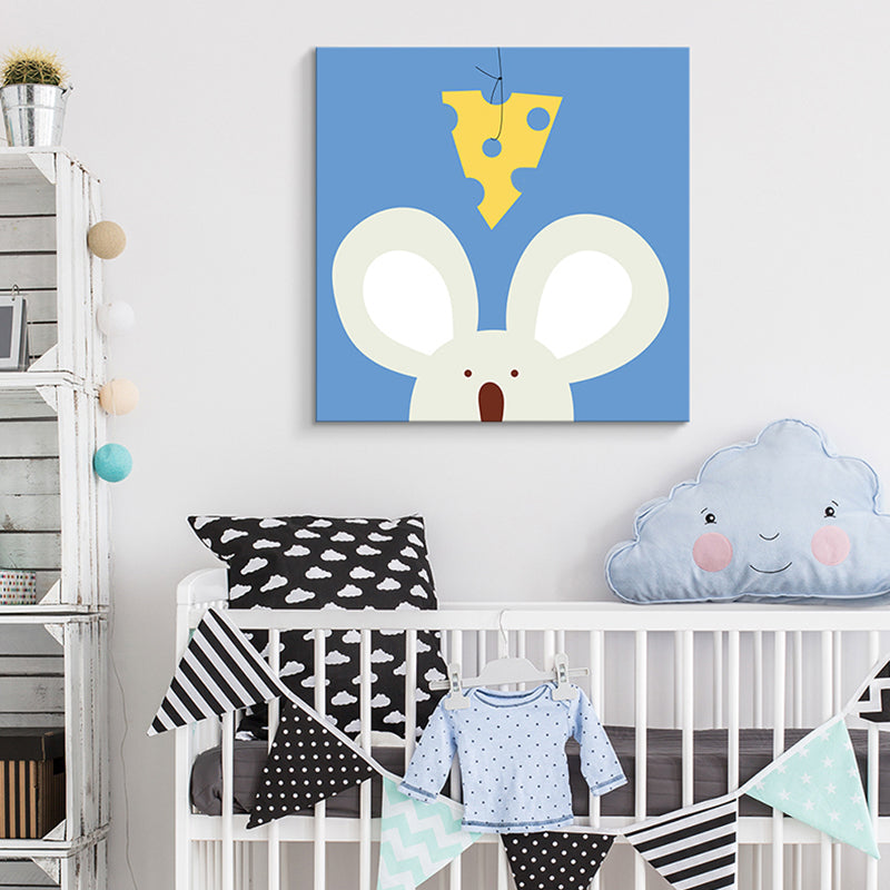 Soft Color Cartoon Canvas Print Illustration Animal and Food Wall Art for Nursery Blue Clearhalo 'Art Gallery' 'Canvas Art' 'Kids' Arts' 1765444