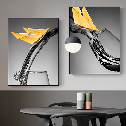 Dark Color Modern Canvas Mixed Media Paper Boat and Wine Glass Wall Art for Dining Room Yellow Clearhalo 'Art Gallery' 'Canvas Art' 'Contemporary Art Gallery' 'Modern' Arts' 1765829