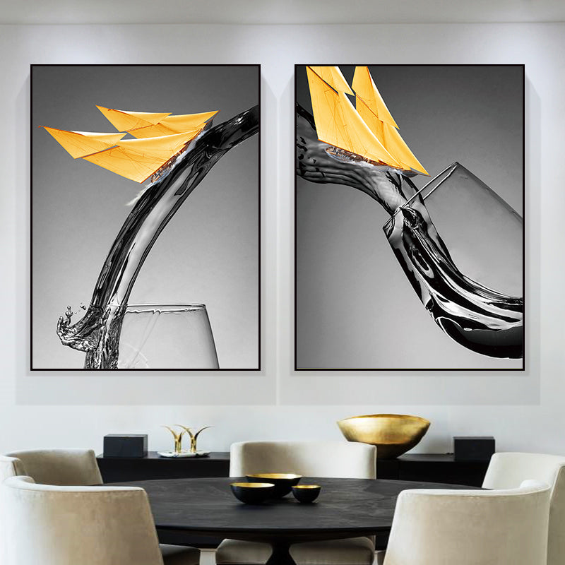 Dark Color Modern Canvas Mixed Media Paper Boat and Wine Glass Wall Art for Dining Room Clearhalo 'Art Gallery' 'Canvas Art' 'Contemporary Art Gallery' 'Modern' Arts' 1765830