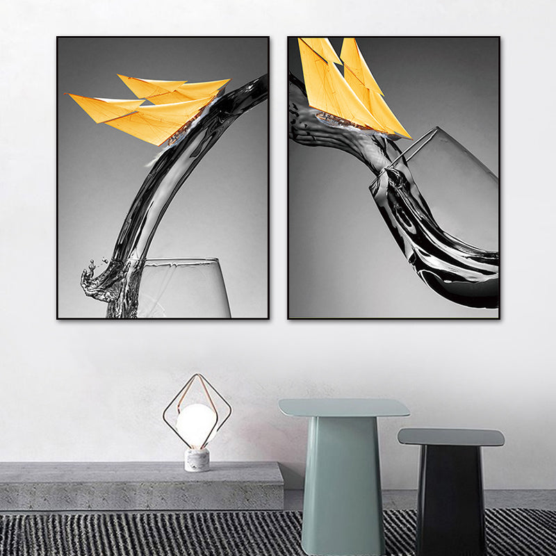 Dark Color Modern Canvas Mixed Media Paper Boat and Wine Glass Wall Art for Dining Room Clearhalo 'Art Gallery' 'Canvas Art' 'Contemporary Art Gallery' 'Modern' Arts' 1765831