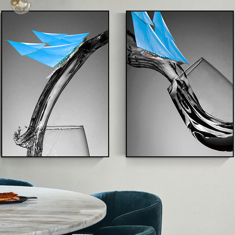 Dark Color Modern Canvas Mixed Media Paper Boat and Wine Glass Wall Art for Dining Room Blue Clearhalo 'Art Gallery' 'Canvas Art' 'Contemporary Art Gallery' 'Modern' Arts' 1765837