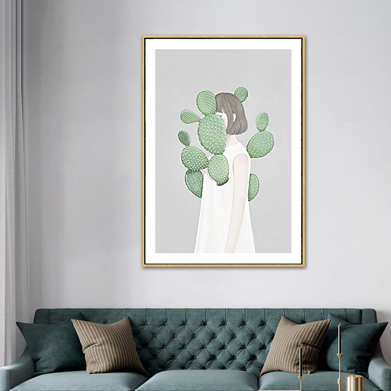 Green Cactus Girl Canvas Art Figure Drawing Kids Style Textured Wall Decor for Room Green Clearhalo 'Art Gallery' 'Canvas Art' 'Kids' Arts' 1765841
