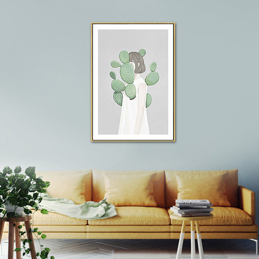Green Cactus Girl Canvas Art Figure Drawing Kids Style Textured Wall Decor for Room Clearhalo 'Art Gallery' 'Canvas Art' 'Kids' Arts' 1765842