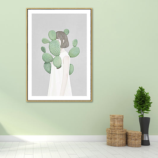 Green Cactus Girl Canvas Art Figure Drawing Kids Style Textured Wall Decor for Room Clearhalo 'Art Gallery' 'Canvas Art' 'Kids' Arts' 1765843