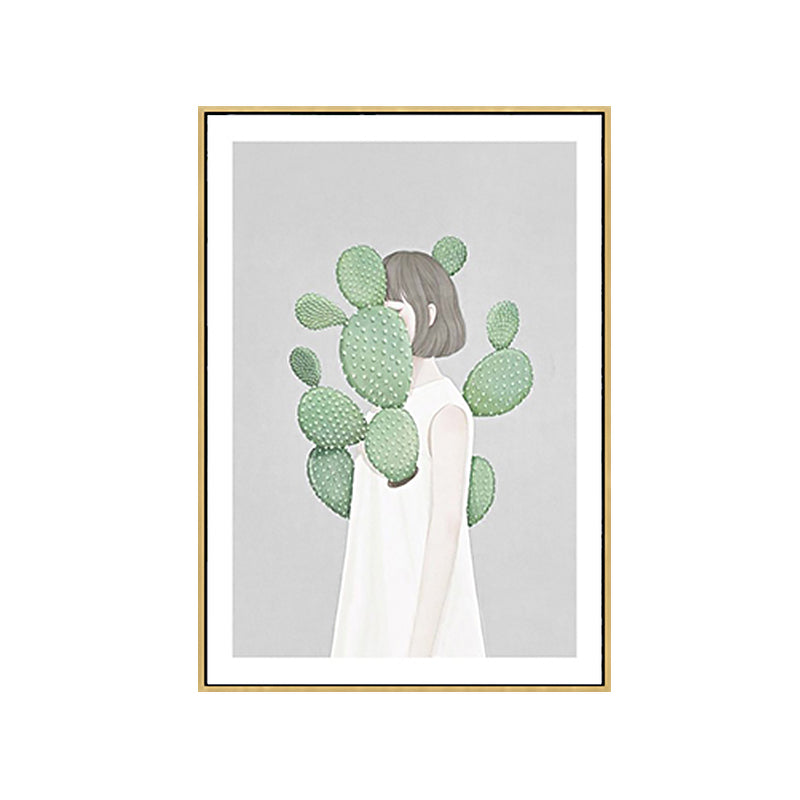 Green Cactus Girl Canvas Art Figure Drawing Kids Style Textured Wall Decor for Room Clearhalo 'Art Gallery' 'Canvas Art' 'Kids' Arts' 1765844