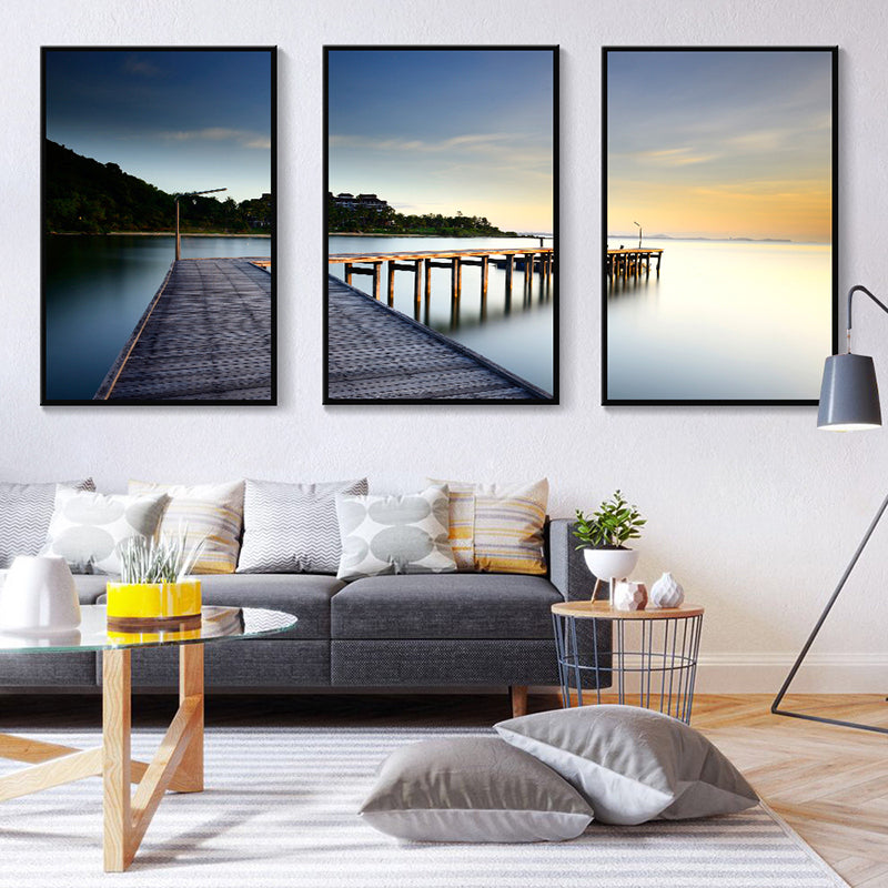 Bridge Scenery Canvas Print Multi-Piece Modern Style for Girls Bedroom Painting, Set of Three Blue Clearhalo 'Art Gallery' 'Canvas Art' 'Contemporary Art Gallery' 'Modern' Arts' 1765918
