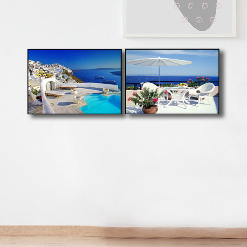 Terrace with Sea View Canvas Bedroom Photo Seascape Wall Art Print in Blue, Set of 2 Clearhalo 'Art Gallery' 'Canvas Art' 'Contemporary Art Gallery' 'Modern' Arts' 1766016